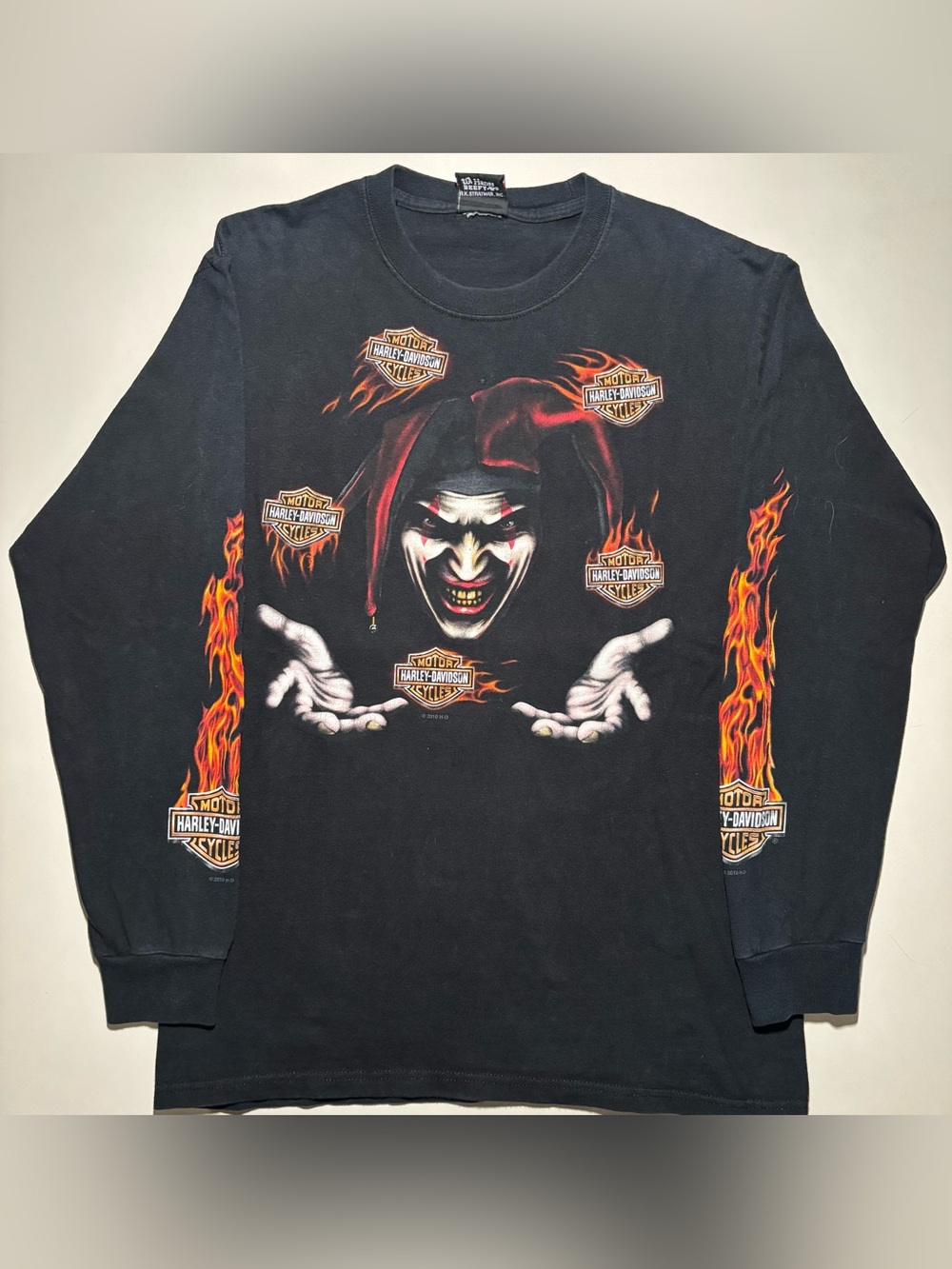 Vintage juggling joker clown Harley Davidson flame long sleeve graphic shirt